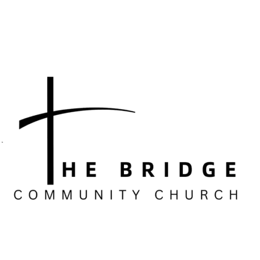 “The Bridge Community Church logo featuring a minimalist black cross with a sweeping curved line, symbolizing connection and community, in Stevenson, Washington.”